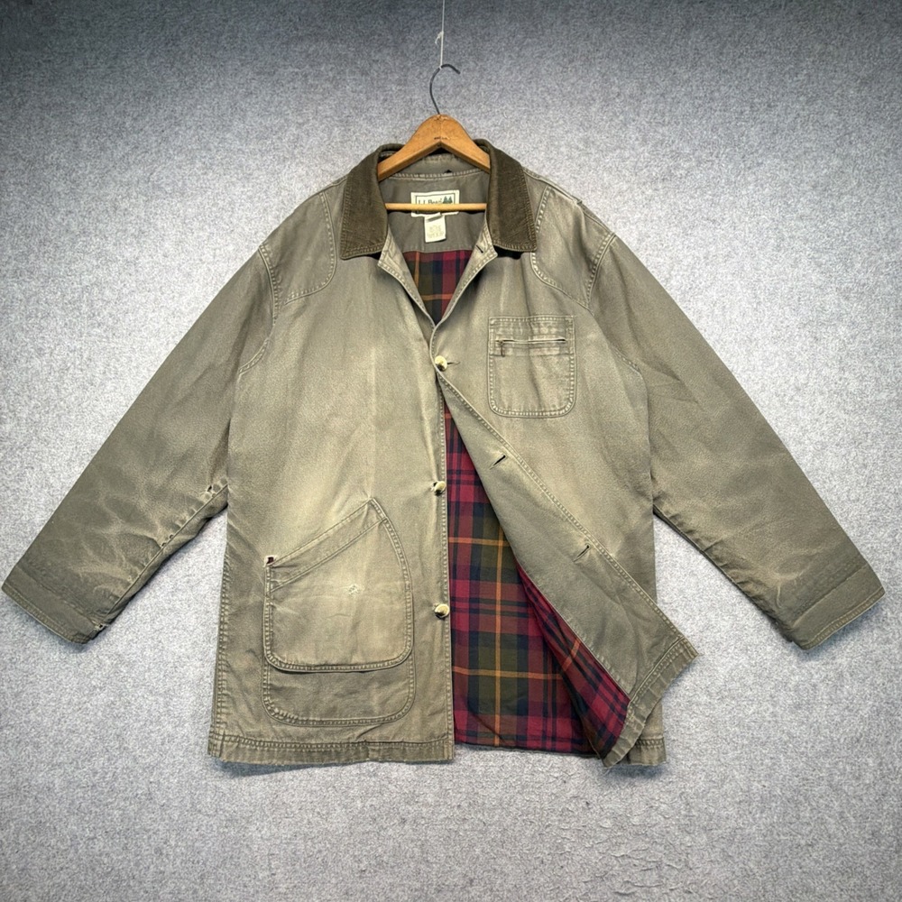 LL Bean Mens XL Tall Green Plaid Lined Corduroy Collar Chore Coat Beautiful Fade